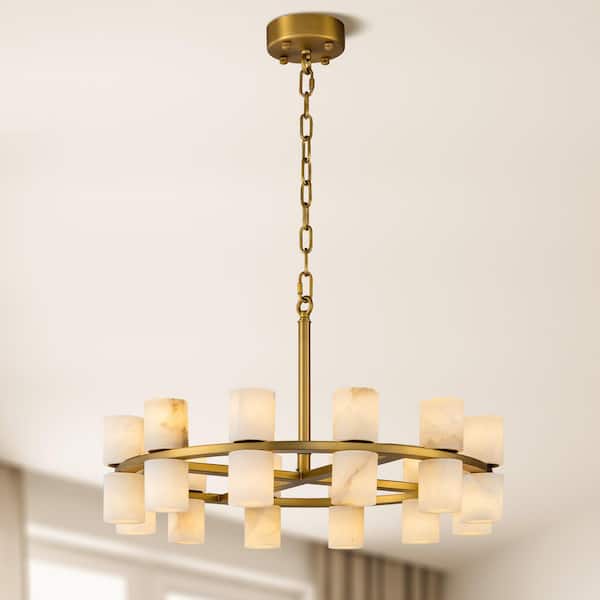 24 in. 24-Light Gold Round Chandelier, Modern Alabaster Chandelier for Dining Room, Living Room, Foyer