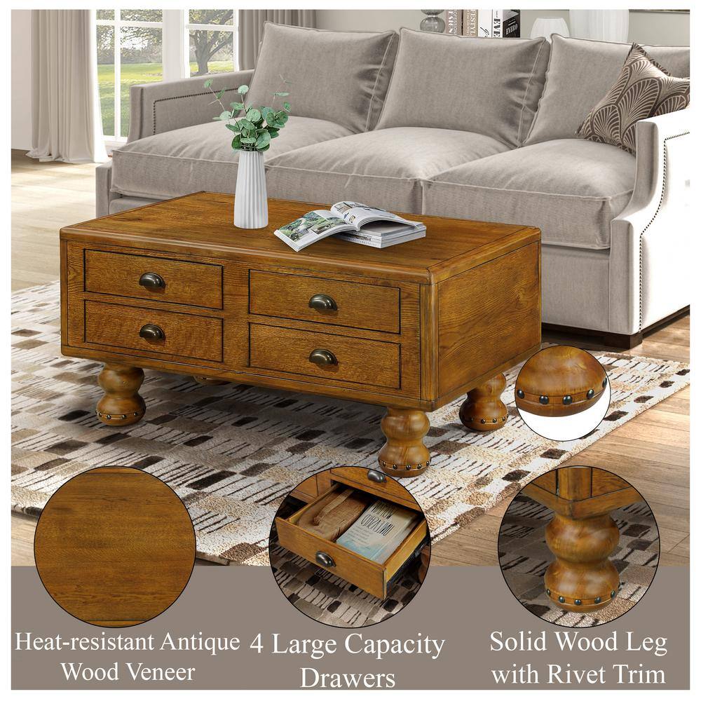 Antique Brown Wood Rectangular Coffee Table with Storage