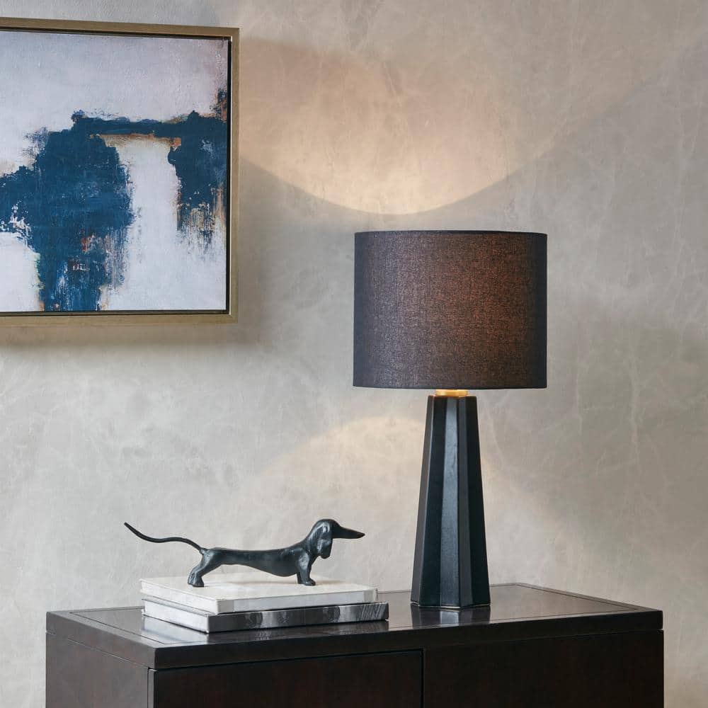 Athena Matte Black Geometric Ceramic Table Lamp with Drum Shade