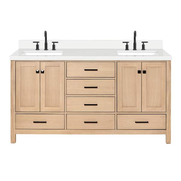 Cambridge 67 in. W x 22 in. D x 36 in. H Double Freestanding Bath Vanity in Oak with Pure White Quartz Top
