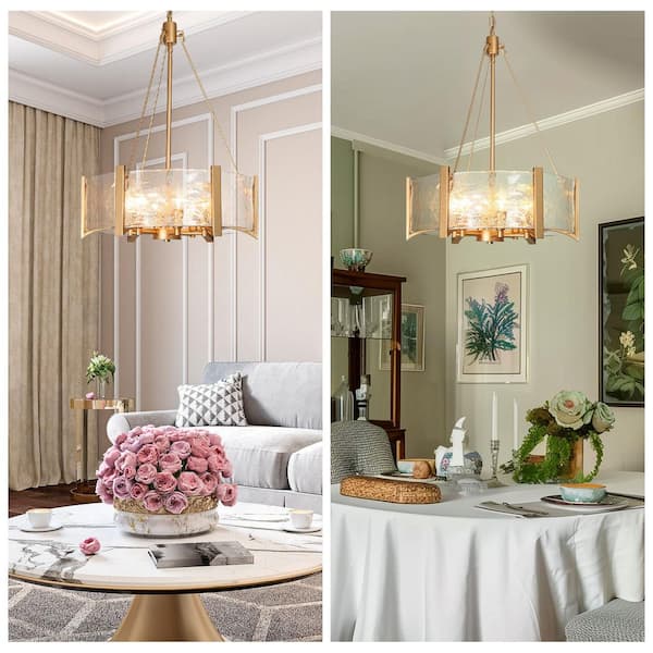 Glacera 6-Light Chandelier Light, 19.7 in. Modern Gold Drum Light Chandelier for Living Room with Open Textured Glass