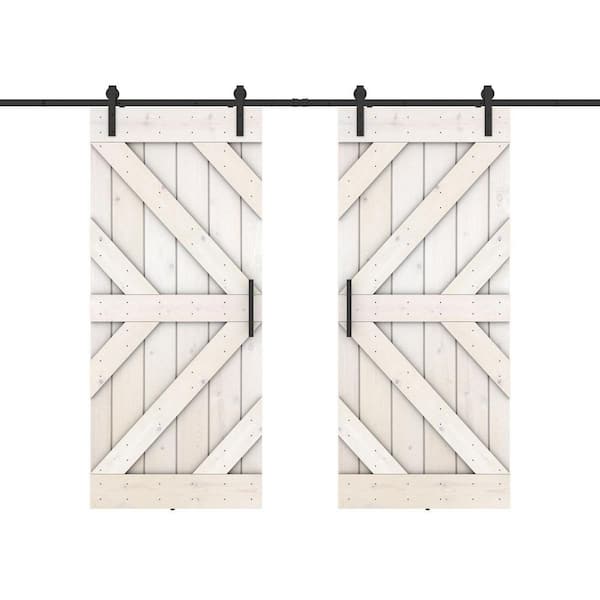 Dessliy Triple KR 56 in. x 84 in. White Finished Pine Wood Sliding Barn Door with Hardware Kit (DIY)