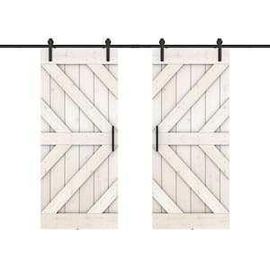 Triple KR 60 in. x 84 in. Fully Set Up White Finished Pine Wood Sliding Barn Door with Hardware Kit