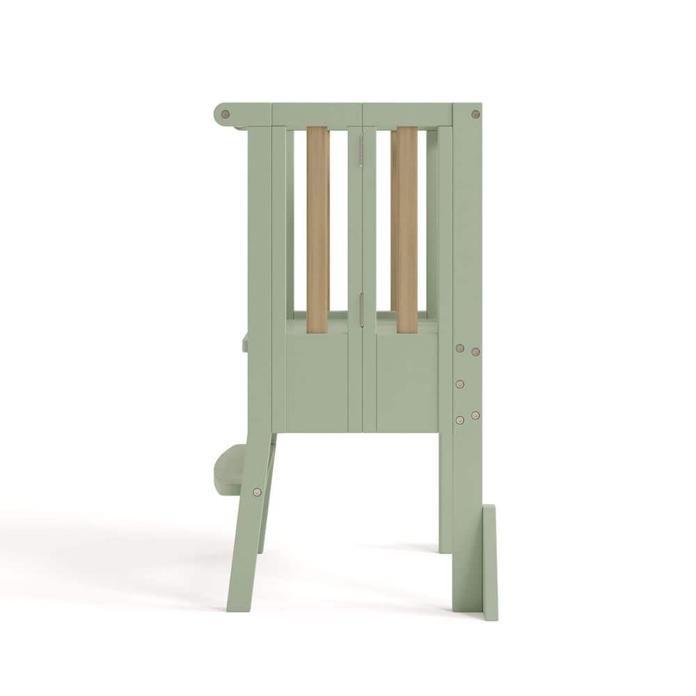 Sage and Driftwood Foldable Solid Wood Toddler Step Stool