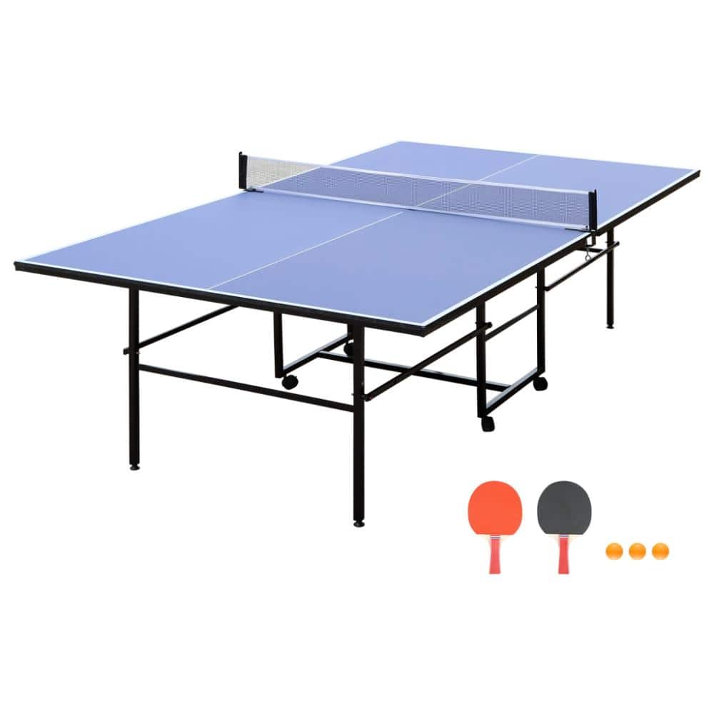 9ft Blue Foldable Ping Pong Table Set, Table Tennis Table with Net, 2 Table Tennis Paddles and 3 Balls