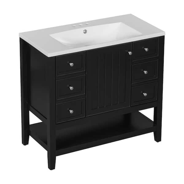 Polibi 36.00 in. W x 18.00 in. D x 34.10 in. H Freestanding Bath Vanity in Black with White Ceramic Sink Top, Doors and Drawers