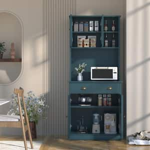 Teal Blue Engineered Wood Kitchen Pantry Cabinet Storage Hutch w/ Adjustable Shelves, Buffet Cupboard, Microwave Stand