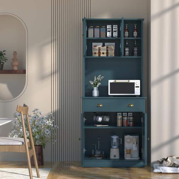 Teal Blue Engineered Wood Kitchen Pantry Cabinet Storage Hutch w/ Adjustable Shelves, Buffet Cupboard, Microwave Stand