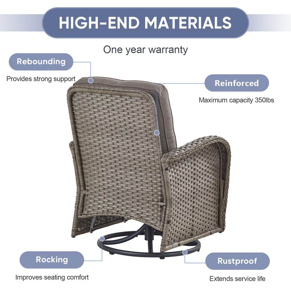 Gray Wicker 3-Piece Outdoor Rocking Chair Set with Cushions and Glass Table