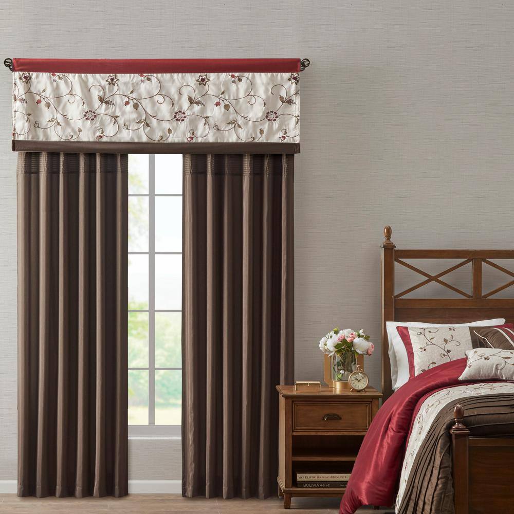 Red and Ivory Floral Embroidered Rod Pocket Valance