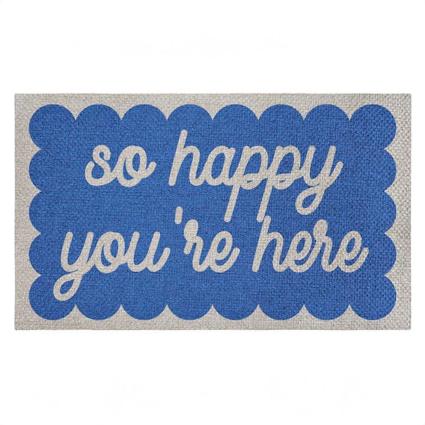 So Happy You're Here Blue 18 in. x 30 in. Polyester Non-Slip Outdoor Door Mat