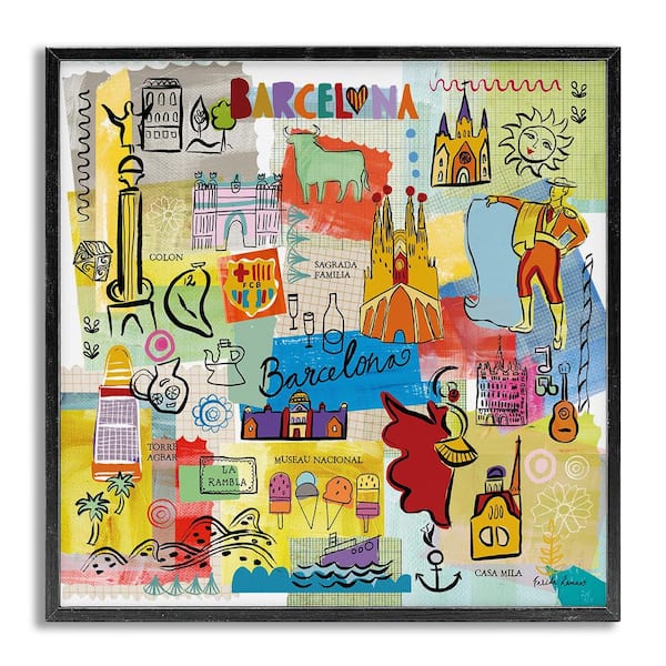Stupell Industries Barcelona Landmarks Spain Traditions by Veronique Charron Gray Framed Travel Giclee Art Print 24 in. x 24 in.