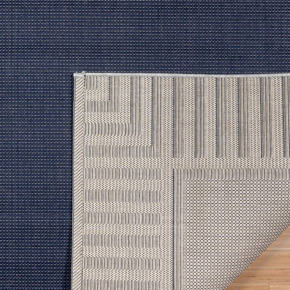 Navy Blue and Gray Synthetic Flatweave Indoor/Outdoor Runner Rug