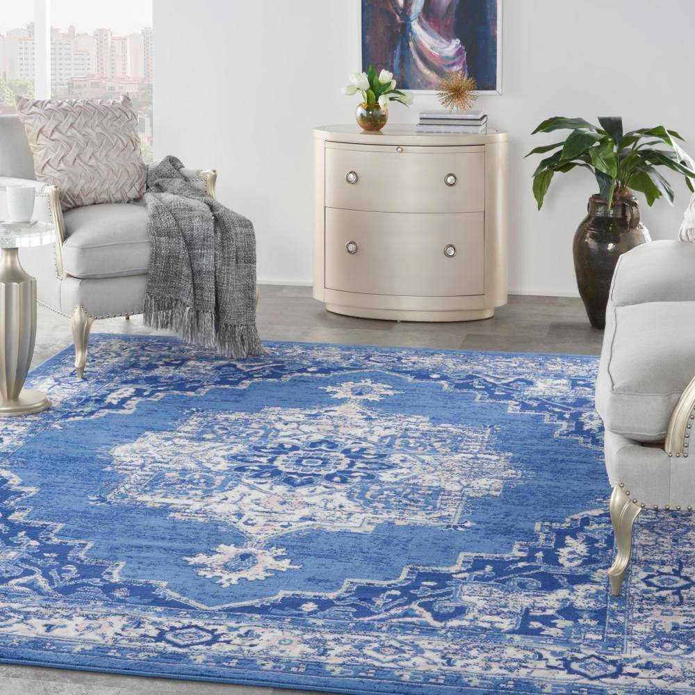 Navy Blue Floral Medallion 8' x 10' Synthetic Area Rug