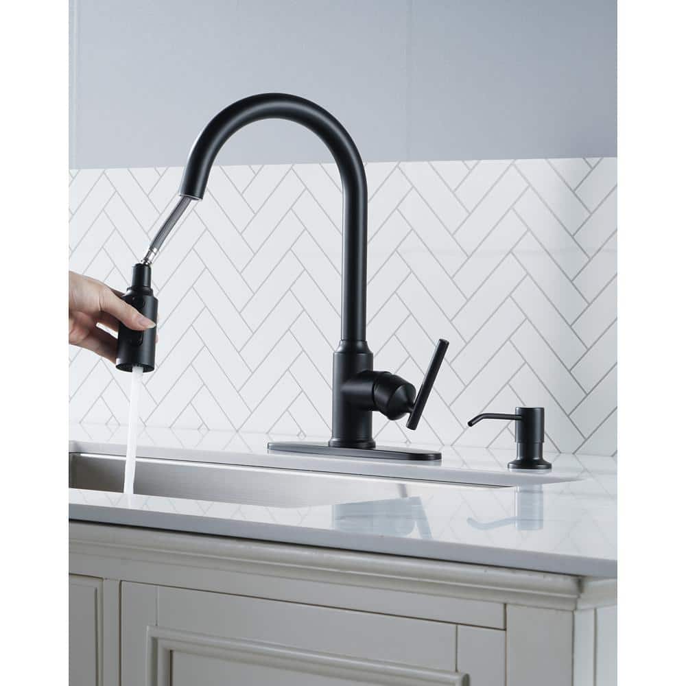 Matte Black Stainless Steel Pull-Down Kitchen Faucet with Soap Dispenser