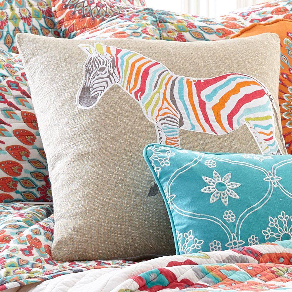 Multicolor Zebra Embroidered Burlap Throw Pillow 20x20