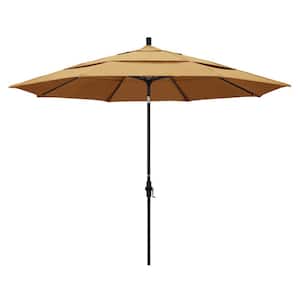 11 ft. Stone Black Aluminum Market Patio Umbrella with Crank Lift Collar Tilt in Wheat Sunbrella