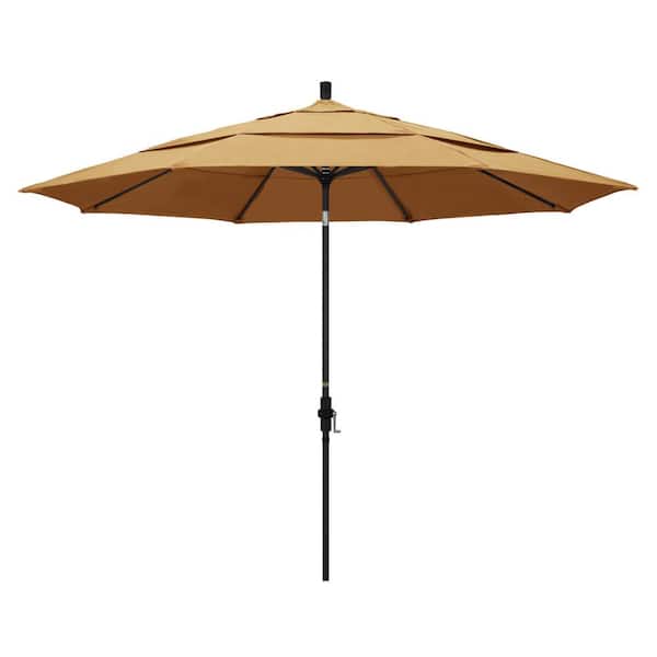 California Umbrella 11 ft. Stone Black Aluminum Market Patio Umbrella with Crank Lift Collar Tilt in Wheat Sunbrella