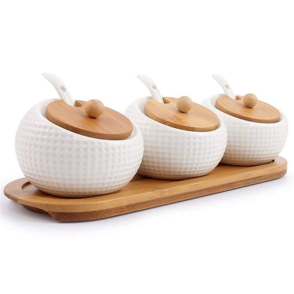 5.8 oz. White Porcelain Spice Jars with Bamboo Lids, Ceramic Spoons and Wooden Tray for Kitchen Counter (Set of 3)