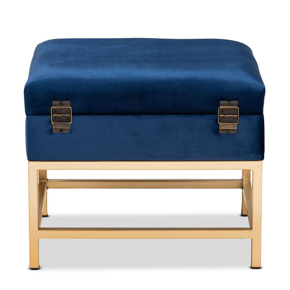 Navy Blue Velvet Tufted Storage Ottoman with Gold Metal Legs