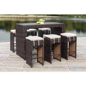 Sanders Brown 7-Piece Wicker Outdoor Bistro Set with Sand Cushions