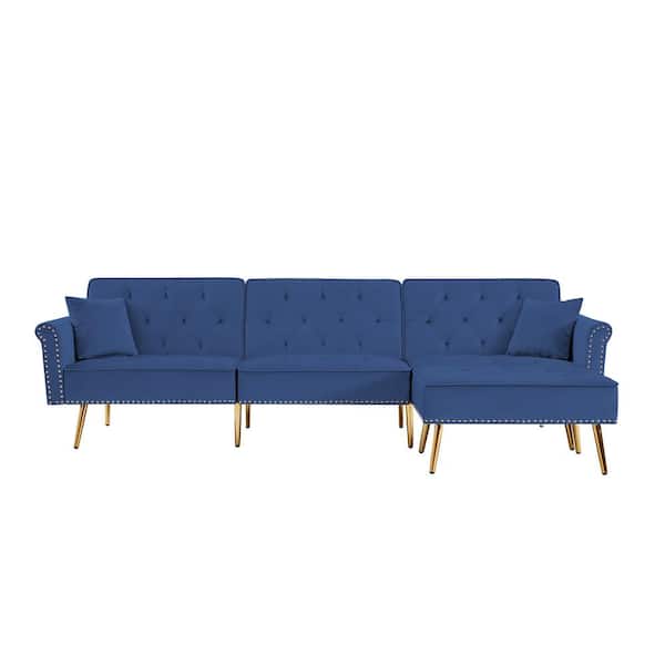 Donason 110.20 in. W Flared Arm 4-Piece 3-Seat L Shaped Velvet Sectional Sofa in Blue