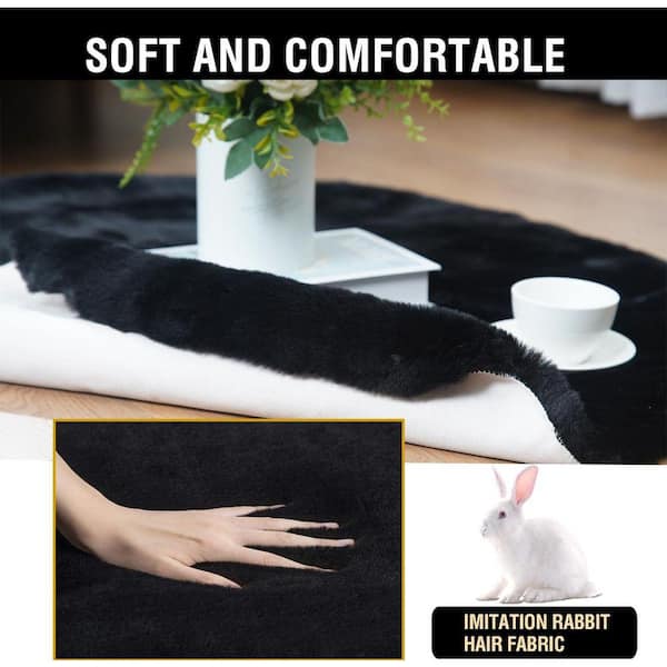 Nourideaux Black 3 ft. x 3 ft. Fuzzy Faux Rabbit Fur Rug Plush Fluffy Rug Round Area Rug - image 3