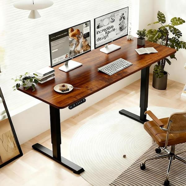 Lioba 55.1 in. Brown Electric Adjustable Height Standing Desk with Wood Tabletop, Metal Legs, Double Beam