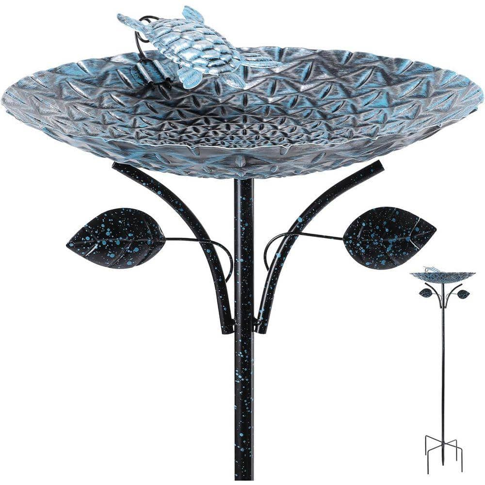 Blue Metal Garden BirdBath with Turtle Statue YNLIN335 - The Home