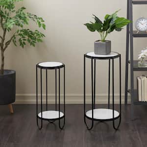 Large Black Metal Geometric Curved Rod Plantstand with Marble Tabletops (Set of 2)