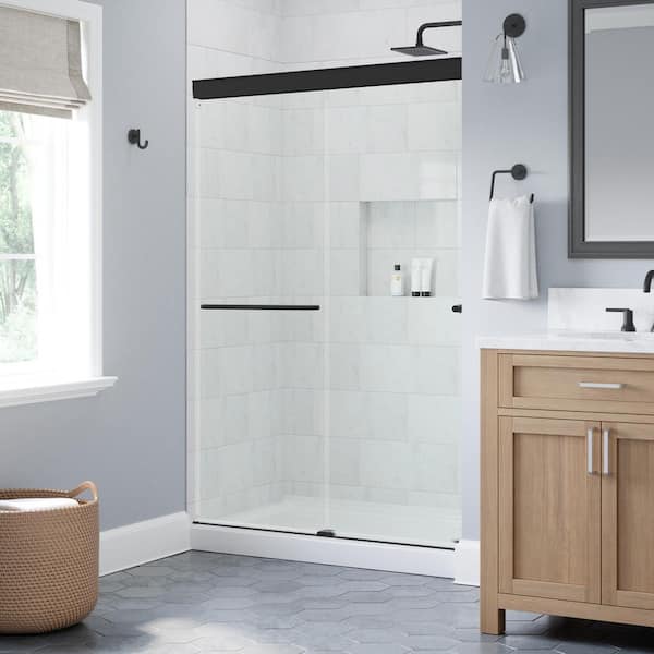 Portwood 44 to 48 in. W x 70-1/4 in. H Semi-Frameless Sliding Shower Door in Matte Black with 1/4 in. Clear Glass