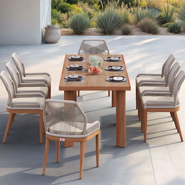 9-Piece Aluminum Outdoor Dining Set Teak Patio Furniture Set Wicker Table and Chairs with Cushions