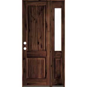 44 in. x 96 in. Knotty Alder Square Top Right-Hand/Inswing Clear Glass Red Mahogany Stain Wood Prehung Front Door w/RHSL