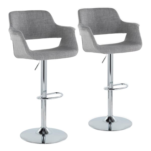 Lumisource Vintage Flair 47.25 in. Light Grey Fabric and Chrome High Back Adjustable Bar Stool with Oval Footrest (Set of 2)