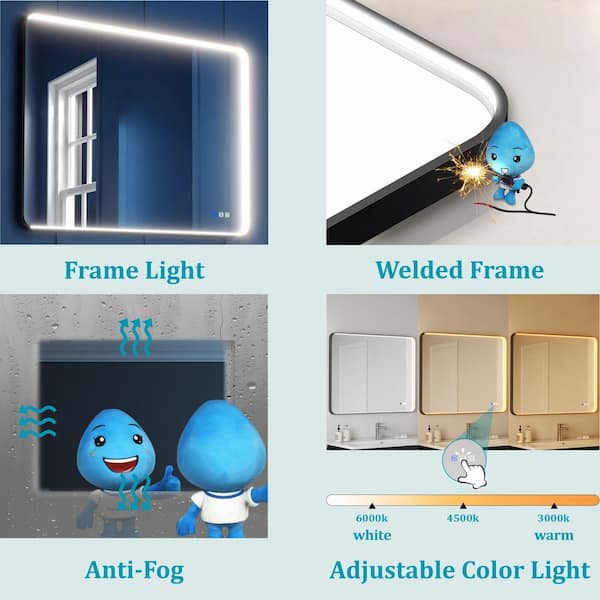 Frame Light 36 in. W x 28 in. H Rectangular Aluminum Framed Anti-Fog LED Wall Bathroom Vanity Mirror in Black