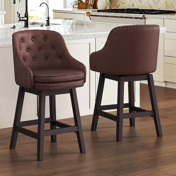 cozyman 26 in. Dark Reddish Brown Faux Leather Swivel Barstool Solid Wood Frame Double Cushion Counter Height Bar Stool Set of 2