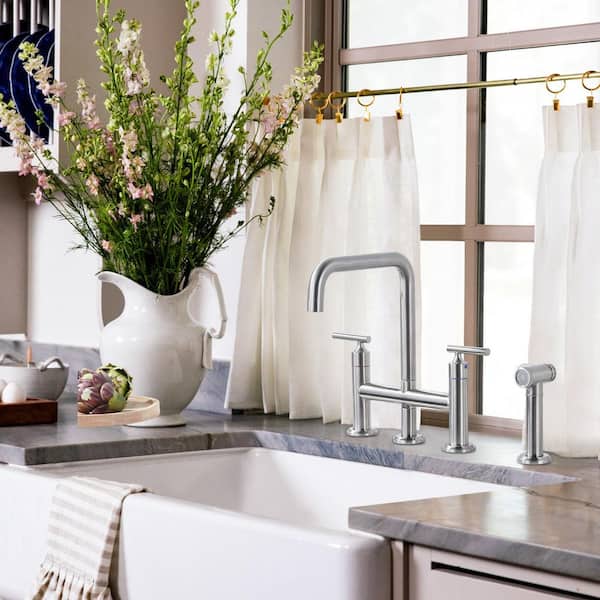 Brass Double Handle Bridge Kitchen Faucet, Deck Mount Kitchen Sink Faucet with Side Sprayer in Brushed Nickel