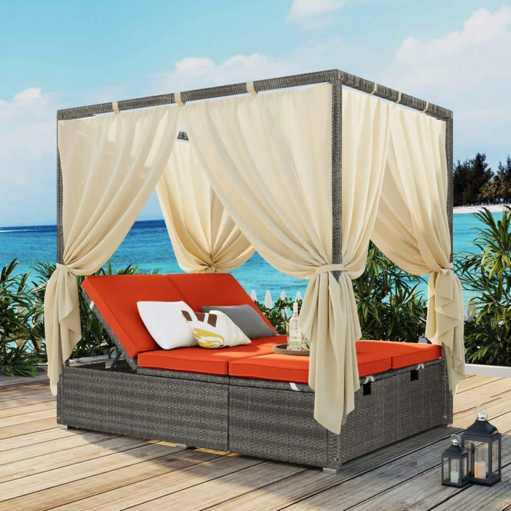 Outdoor Sun Lounger, Patio Sofa with Canopy and Removable Cushion
