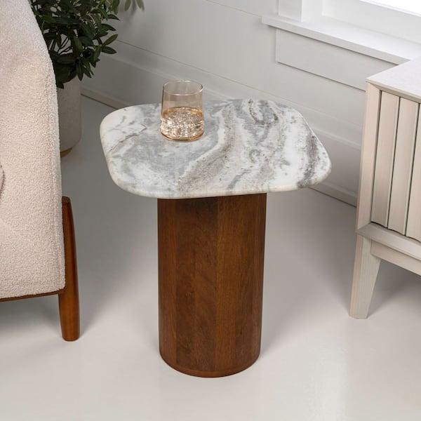 Kaito 15.75 in. Rustic Minimalist Square Marble/Wood Accent Table, White Marble/Honey Wood