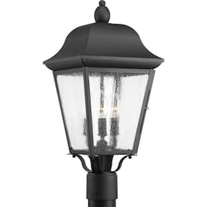 Kiawah Collection 3-Light Textured Black Clear Seeded Glass Farmhouse Outdoor Post Lantern Light
