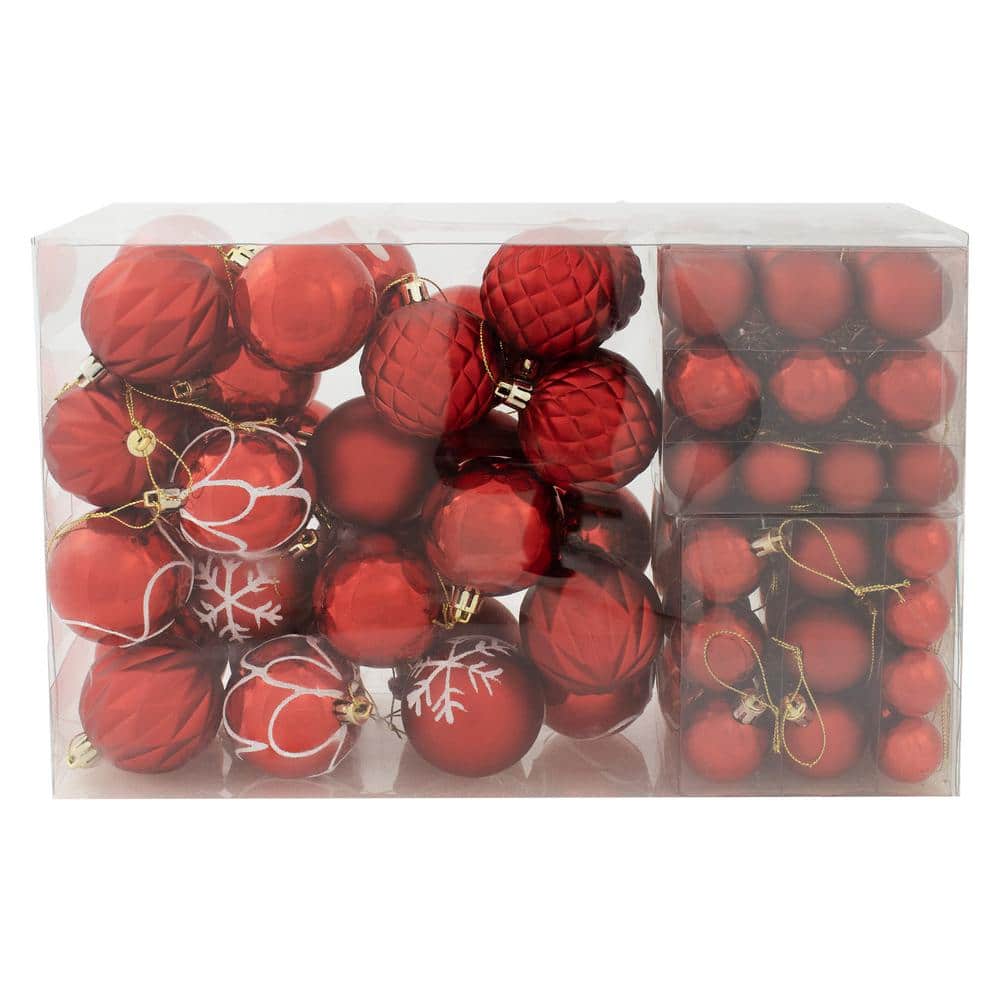 Red Shatterproof Plastic Christmas Ornament Set, 100 Pieces