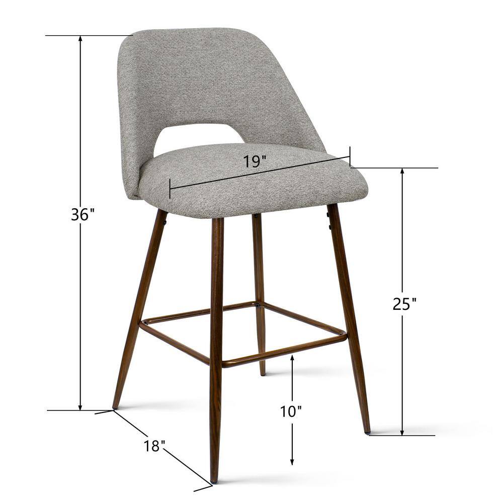 Gray Upholstered Counter Stools with Walnut Metal Legs, Set of 2