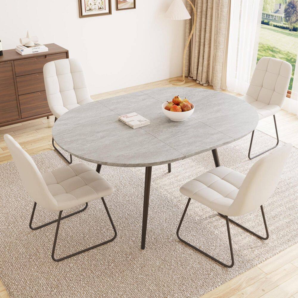 5-Piece Set Chairs and Grey Oval Dining Table, Dining Table Set, Dining Room Set with 4 White Chairs