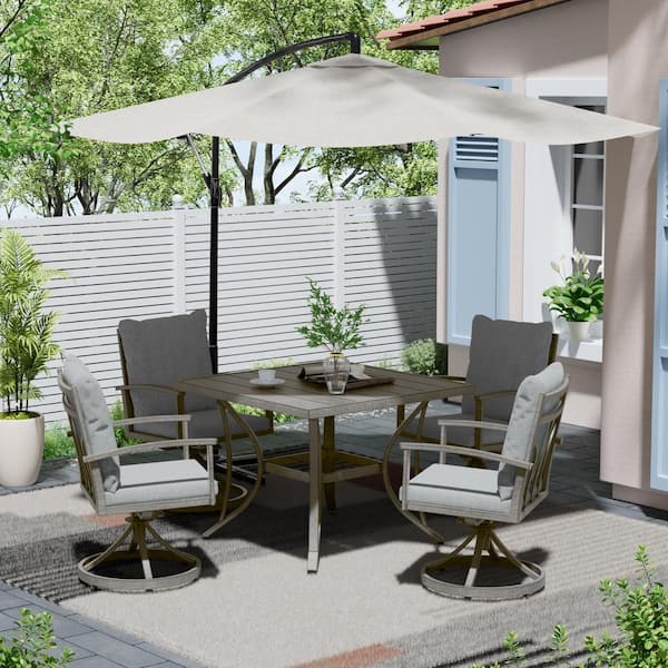 ChillPavilion Urban Oasis Gray 5-Piece Aluminum Outdoor Dining Set with 4-Swivel Chairs and Cushions
