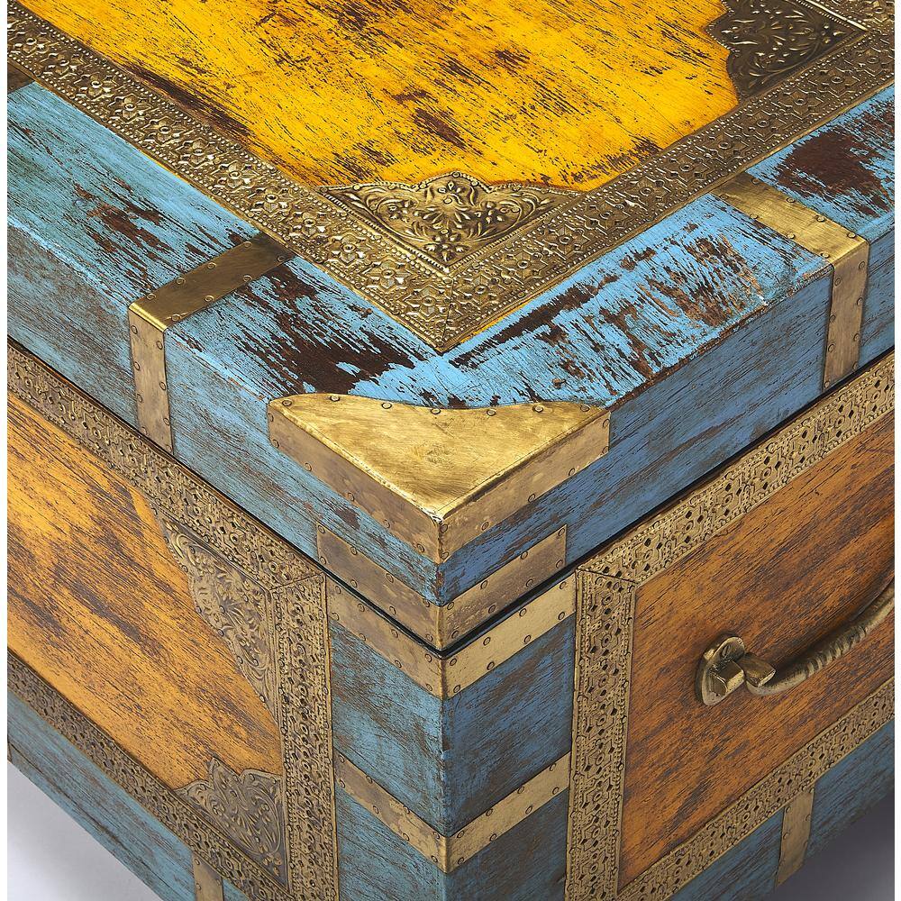 Nador Multicolor Mango Wood and Brass Inlay Storage Trunk Coffee Table
