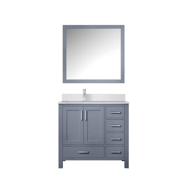 Jacques 36 in. W x 22 in. D Left Offset Dark Grey Bath Vanity, White Quartz Top, Faucet Set, and 34 in. Mirror