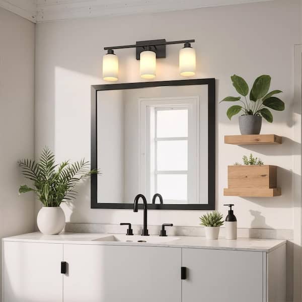 24 in. 3 Light Matte Black Vanity Light with Frosted Cylinder Glass Shades for Industrial Bathroom Design