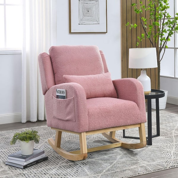27.5 in. Pink High Back Teddy Fabric Rocking Chair w/ Lumbar Pillow and Side Pockets, Wood Legs for Living Room, Bedroom