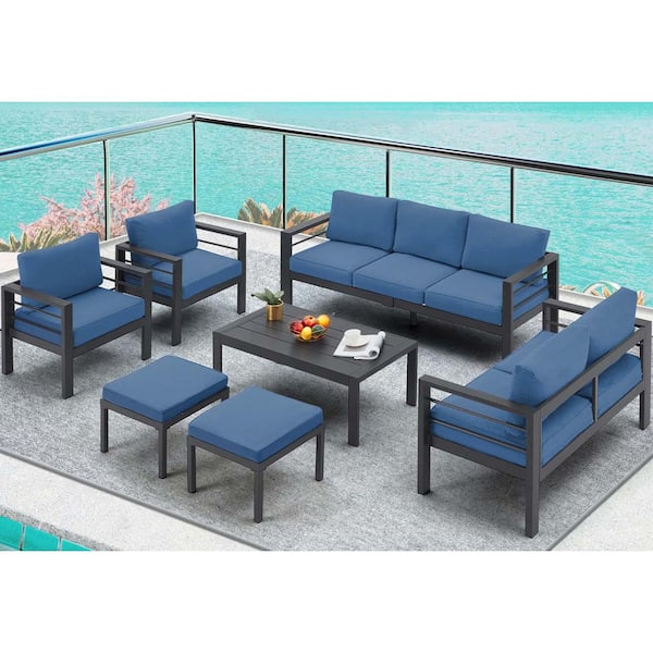 Zeus & Ruta 7-Piece Black Aluminum Outdoor Conversation Set with Blue Cushions and 1-Dining Table