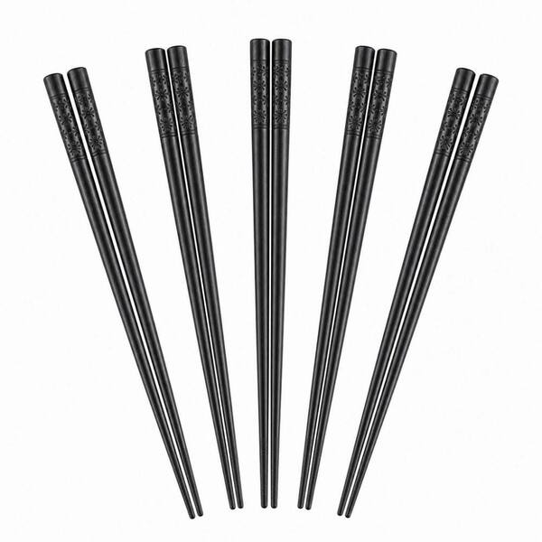 Premium Fiberglass Series Chopsticks, Black Solid Finish, 9.5 in. Non-Slip Sushi Dining Utensils, 5 Pairs Heat Resistant
